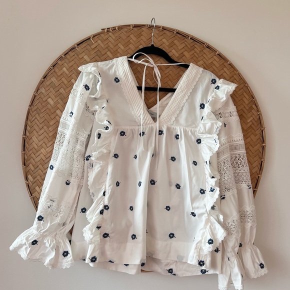 LUG VON SIGA WHITE/BLUE COTTAGE-CORE EMBROIDERED FLORAL CARLA V-NECK‎ BOHEMIAN - Picture 6 of 11